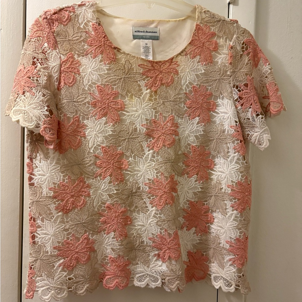 Alfred Dunner Women's Floral Lace Top - Pink and Cream